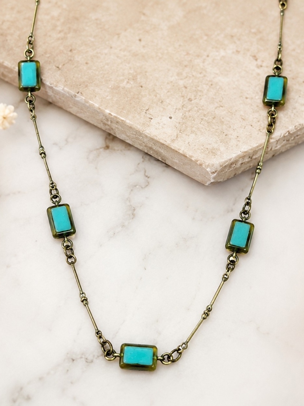 Vintage Art Deco Style Glass Bead Necklace Turquoise Blue Rectangular Links 30"